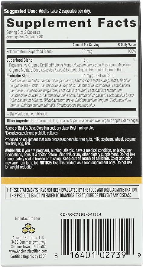 ANCIENT NUTRITION Organic Gut Restore Probiotics 50b 60 CT