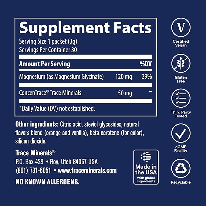Trace Minerals Magnesium Glycinate - Bedtime Magnesium Supplement for Sleep Support - Nervous System &amp Healthy Mindset Support - Travel-Friendly Stick Packs - Orange Dream Flavor - 30 Servings