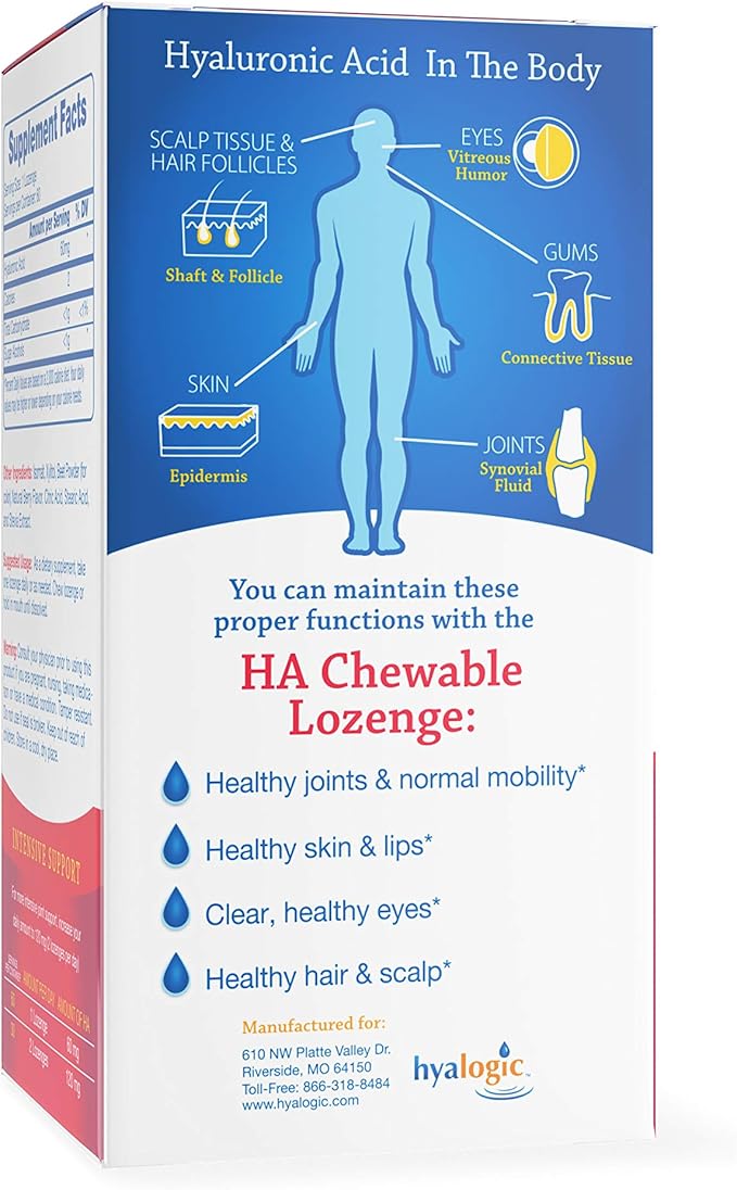 Hyalogic Hyaluronic Acid Chewable Lozenge - Chewable Tablets for Joints Skin Care &amp Eyes – Vegan Sugar-Free and Berry Favored Hyaluronic Acid Supplements (60 Count)