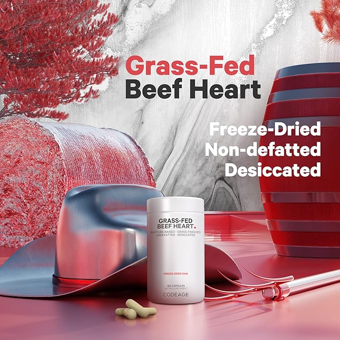 Codeage Grass Fed Beef Heart Supplement - Freeze Dried Non-Defatted Desiccated Glandular Supplements - Bovine Meat &amp Liver Pills - Beef Vitamins for Heart - Non-GMO -180 Capsules