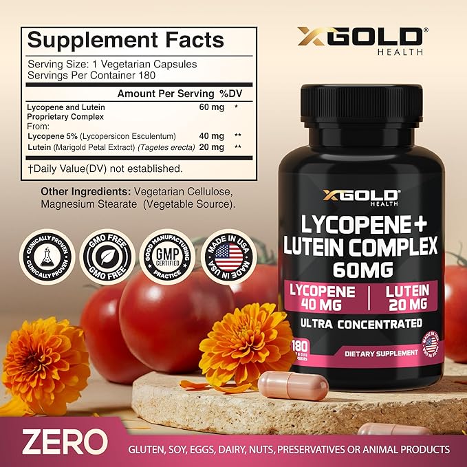 Lycopene + Lutein 60mg Supplement | Eye Health &amp Vision Support | Antioxidant for Healthy Eyes &amp Skin | Non-GMO Gluten Free | 180 Vegetarian Capsules | Made in USA