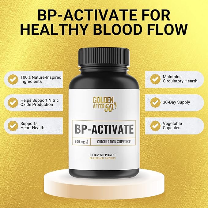 Golden After 50 BP-Activate - Nitric Oxide Supplement with Essential Amino Acids - Blood Circulation and Heart Health Support Supplement - 60 Capsules - 800mg L Arginine AAKG L Citrulline