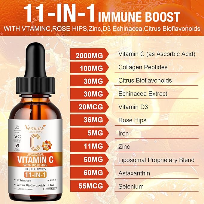 2 Packs Liposomal Vitamin C 2000mg Liquid Drop High Absorption VC Complex Rose Hips with Echinacea Citrus Bioflavonoids Zinc Vitamin D3 for Immune System &amp Antioxidant4 FL Oz