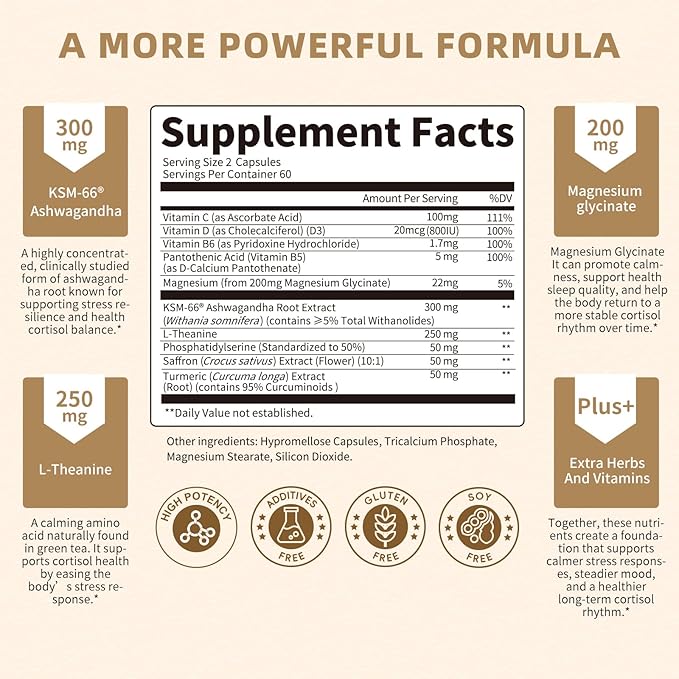 10-IN-1 Cortisol Supplements w/ KSM-66® Ashwagandha 300mg + L-Theanine 250mg Magnesium Glycinate Saffron Phosphatidylserine Turmeric &amp Vitamin C D3 B6 B5 For Women Men 120 Capsules 60-Day Su
