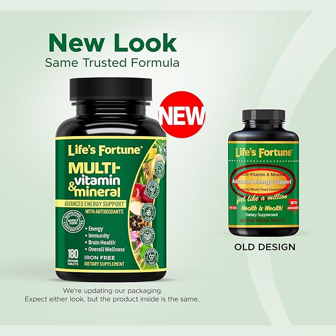 Life's Fortune Whole Food Multivitamin &amp Mineral Supplement for Men &amp Women – Energy Support Vitamins for Immune Brain &amp Metabolism Support – Iron Free Vegetarian Tablets 180 Count (2 P