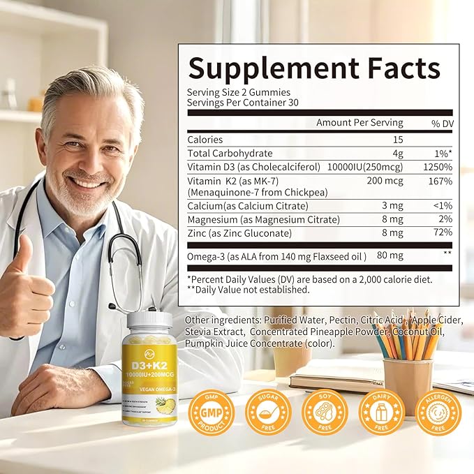 M inch Vitamin D3 K2 Gummies Vitamin D3 10000IU K2 (MK-7) 200mcg 6-in-1 Vitamina D3 con K2 Supplement with Omega-3 for Women and Men - Bones Teeth &amp Immune Support Sugar Free 2 Pack