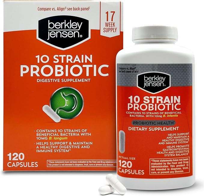 Berkley Jensen Natural 10 Strain Probiotic Supplement Capsules with 10mg B. Longum Loaded with Live Strains &amp Beneficial Gut Flora for Digestive &amp Immune Health - 17-Week Supply 120 Ct
