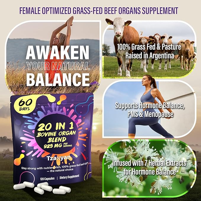 20-In-1 Beef Organ Supplement for Women 925MG Grass Fed Beef Liver Uterus Ovary &amp 3 more with Maca DIM Black Cohosh Vitamin &amp Mineral Bovine organ Capsules for Hormone Balance Energy