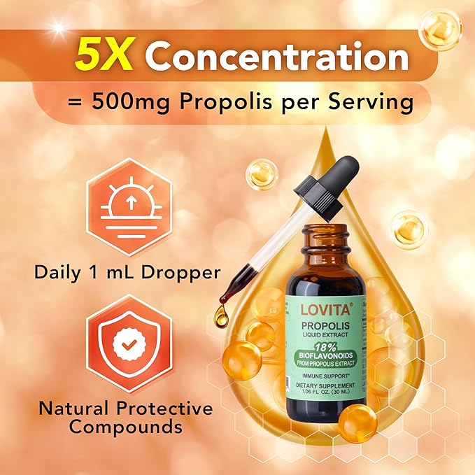 LOVITA Propolis Core Defense Bundle - 3 Liquid Extract Drops &amp 2 Throat Sprays 18% Bioflavonoids High Potency Bee Propolis for Daily Immunity (5 Pc Set)