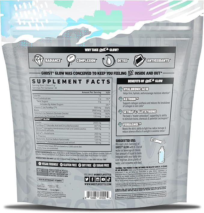 GHOST Glow Sticks: Beauty and Detox Supplement - 30 On-The-Go Stick Packs Mango Margarita - Hyaluronic Acid Biotin &amp L-Theanine for Skin-Boosting Support - Sugar Free Gluten Free