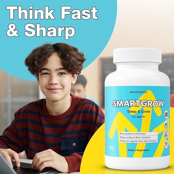 SmartGrow Premium Growth Formula for Teens – Bone Brain Sleep &amp Eye Support – Calcium Vitamin D3 Amino Acids – Daily Wellness Supplement (180 Capsules) – 3 Month Supply