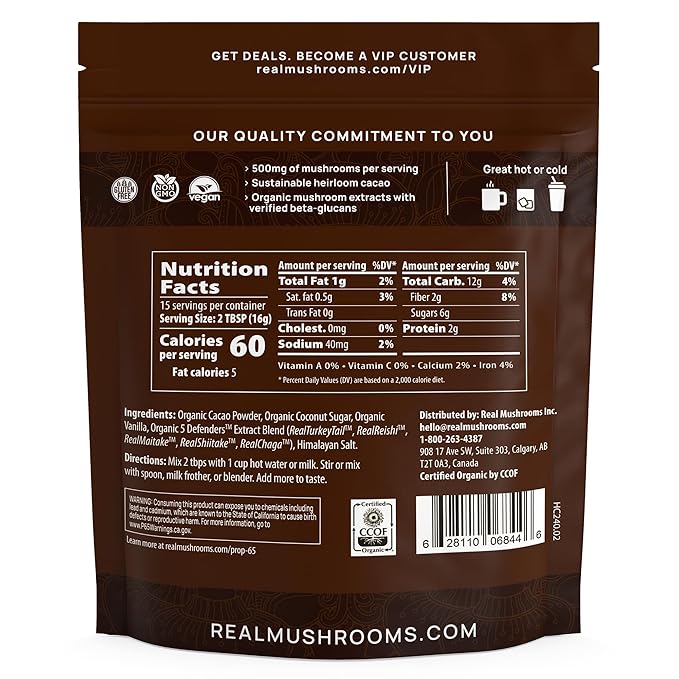Real Mushrooms Organic Hot Chocolate Mix with Reishi Turkey Tail Chaga Shiitake Maitake – Cacao Powder Organic Mushroom– 5 Defenders Mushroom Cacao Powder Vegan Gluten-Free 15 Servings