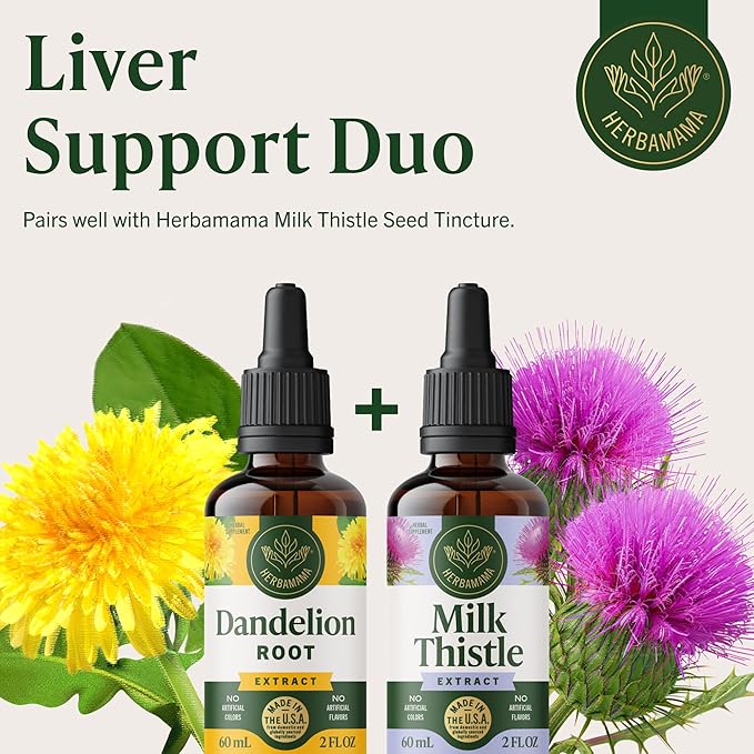 HERBAMAMA Dandelion Root Extract for Liver Detox – Lymphatic Drainage Drops – Dandelion Root Supplement – Non-GMO Alcohol &amp Sugar-Free Liver Support Supplement - 28-Day Supply