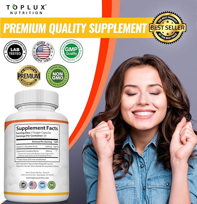 Liposomal Vitamin C 2100mg High Absorption Fat Soluble VIT C - Immune Support Collagen Booster Immunity Defense &amp Powerful Antioxidant MCT Oil &amp Sunflower Lecithin Acsorbic Acid Vegan Non-G