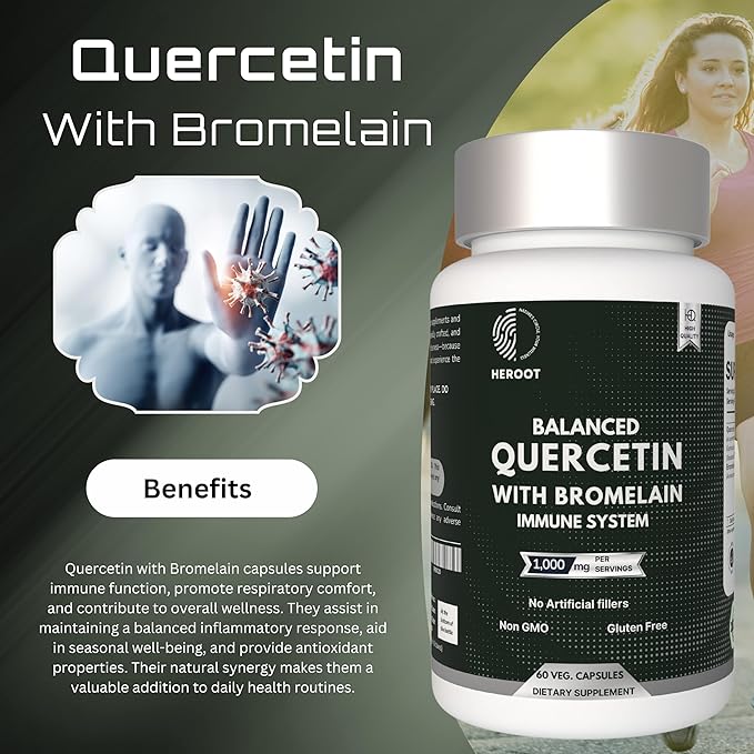 500mg Quercetin with Bromelain Capsules: Respiratory Support Non-GMO | Gluten Free | Supports Overall Health &amp Well Being (60 Capsules)