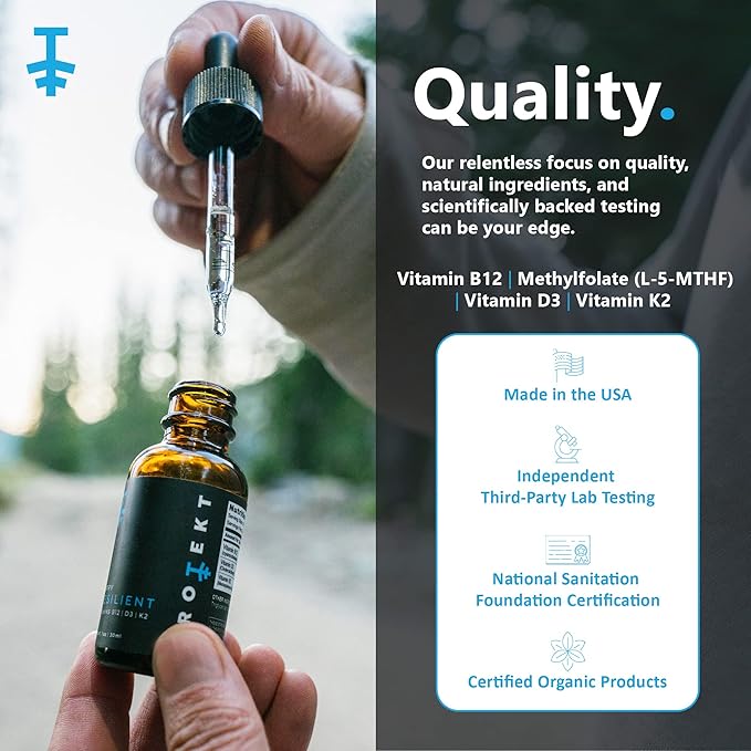 PROTEKT Resilient Vitamin D3 K2 B12 Drops - Liquid B12 K2 D3 Vitamin Supplement with Methylfolate Liquid Drops for Energy &amp Recovery Methy Folate for Sleep &amp Mood - Natural Berry 30mL
