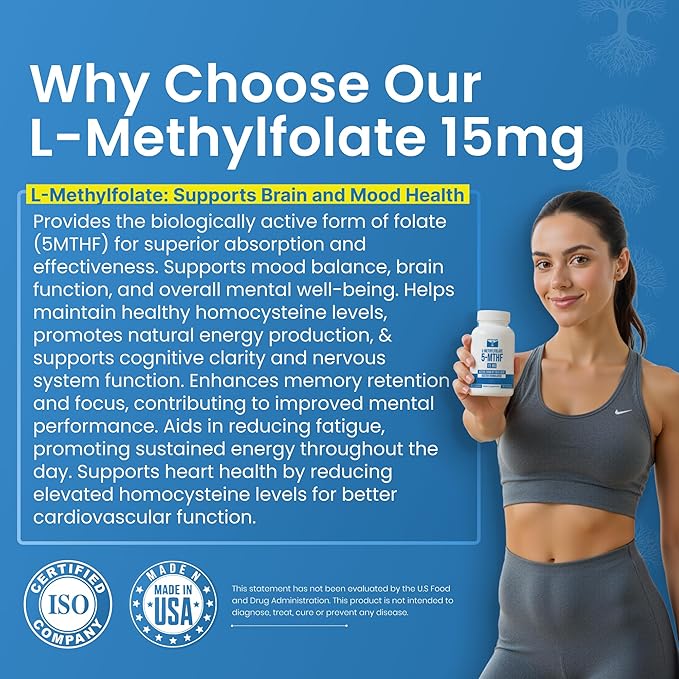 L Methylfolate 15mg | 90 Capsules | Optimized &amp Highly Bioactive Methyl Folate Supplement | 5-MTHF Supports for Energy Focus &amp Mood | Non-GMO Gluten Free Vegan | 3 Month Supply