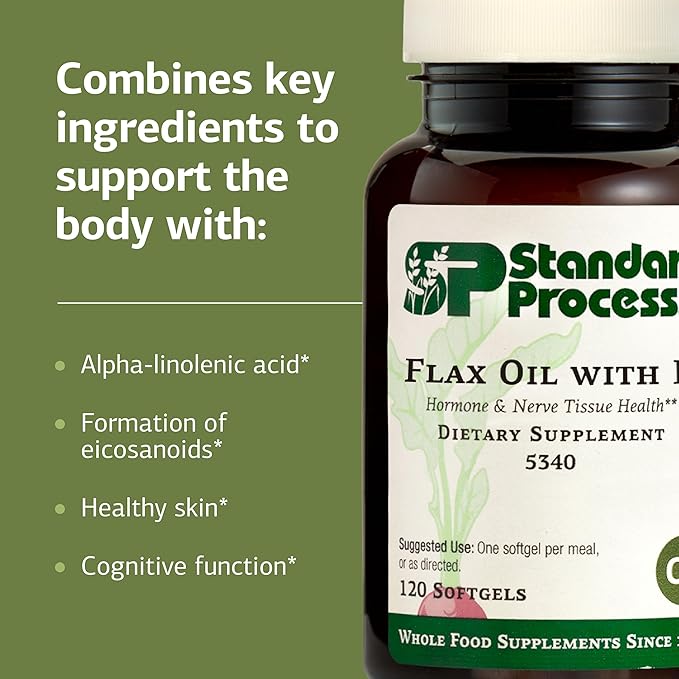 Standard Process Flax Oil with B6 - Supplement for Hormone &amp Nerve Tissue Support - Supports Brain Heart &amp Skin Skin - Gluten-Free Non-Dairy &amp Non-Soy - 120 Softgels (120 Servings)