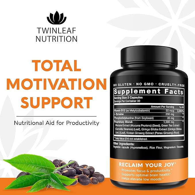 TWINLEAF NUTRITION Dopamine Brain Support Supplement 1000 mg Blend - Made in USA - with DMAE Vitamin B12 and L-Tyrosine - Enhance Mental Well-Being - 60 Capsules