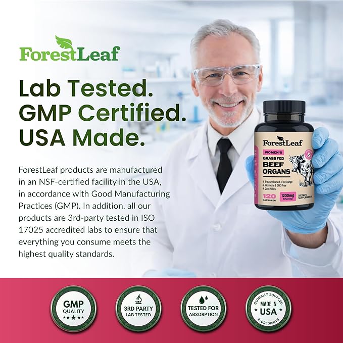 ForestLeaf Beef Organ Supplement for Women - Zero Fillers Grass Fed Beef Organs Complex - 1200mg per Serving - Support Women's Energy &amp Overall Health - 120 Capsules
