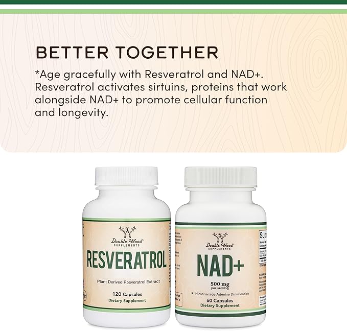 Double Wood Supplements NAD+ Anti Aging &amp Cell Regeneration | 500mg of 95% Pure NAD Plus Per Serving 30 Day Supply | Similar to Nicotinamide Riboside | Third Party Tested Vegan Safe Non-GMO