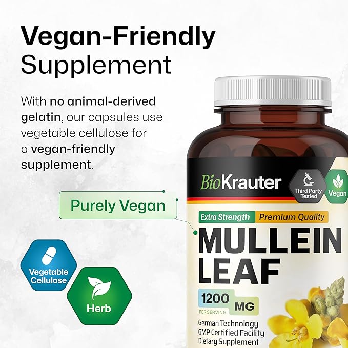 BIO KRAUTER Mullein Capsules 1200 mg 250 Caps - Pure Vegan Mullein Leaf Extract for Lungs - 125 Days of Supply - Lung Cleanse &amp Respiratory Support Supplements - No Fillers Non-GMO
