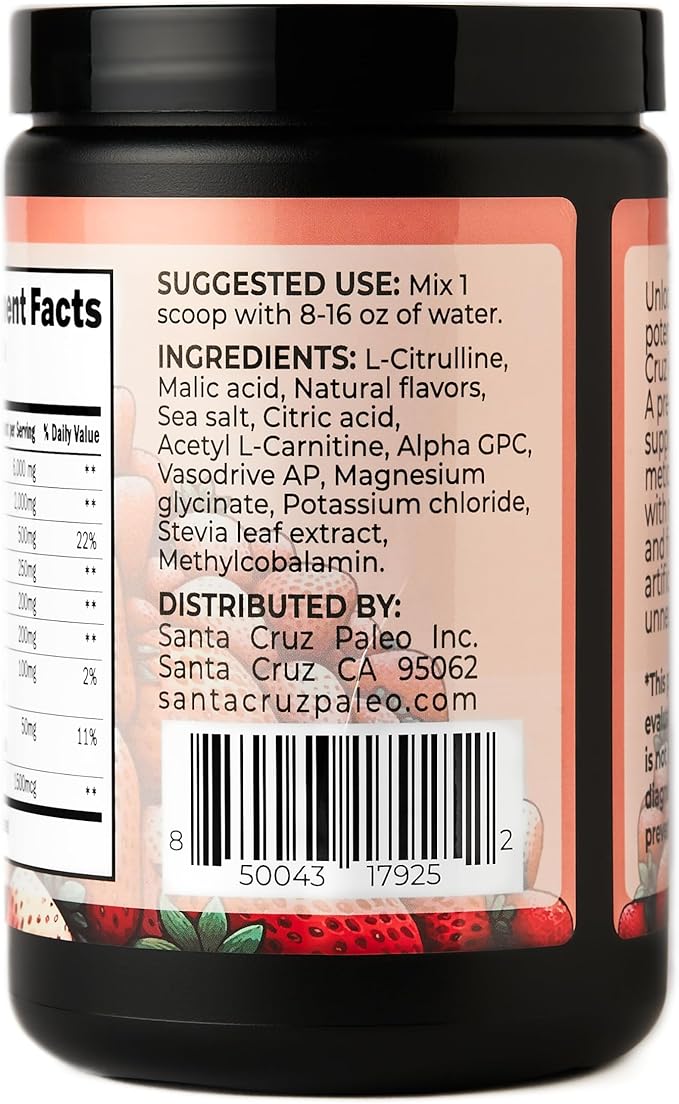 Santa Cruz Paleo Pre Workout Powder Electrolytes Magnesium Potassium Sea Salt &amp L Citrulline Caffeine &amp Sugar Free Preworkout Drink Mix for Energy &amp Hydration Strawberry Flavor 30 Se