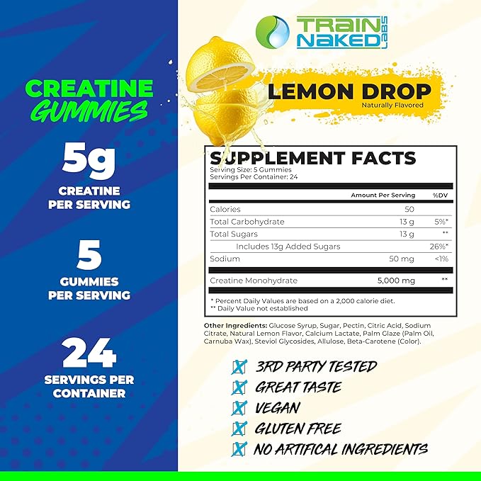 Train Naked Labs Creatine Gummies | Gummy Creatine Chewables for Men &amp Women | 5g per Serving | Gluten Free &amp Vegan | 120 Gummies 24 Servings (Lemon Drop)