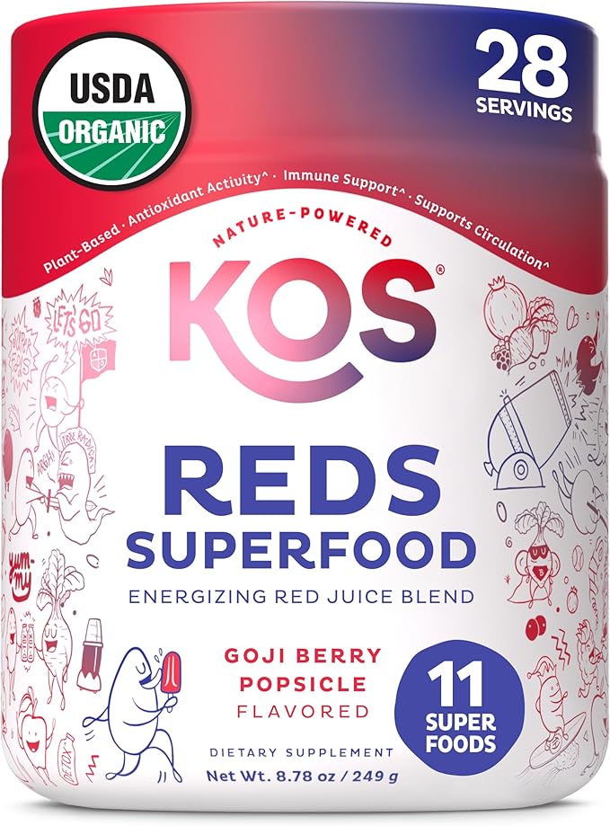 KOS Reds Superfood Powder for Antioxidants - USDA Certified Organic Beet Root Goji Berries Acai Pomegranate Coconut Water &amp Digestion Enzymes- Goji Berry Popsicle Flavor Juice Mix - 28 Serving