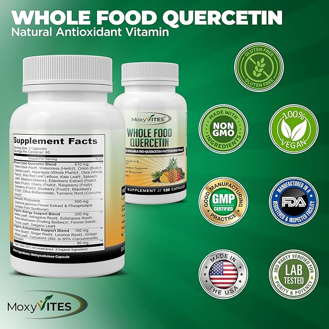 MoxyVites Quercetin with Bromelain 500mg Supplement - Bioactive Phytosome Complex Pure Organic Whole Food Seasonal Support Antioxidant 20X Absorption &amp Bioavailability-120 Caps