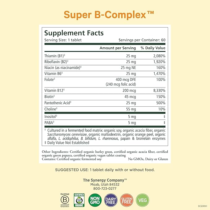 PURE SYNERGY Super B-Complex | Vitamin B Complex Made with Organic Whole Foods | Vegan Supplement with Natural Vitamin B12 Niacin and Folate | for Energy Focus and Mood Support (60 Tablets)