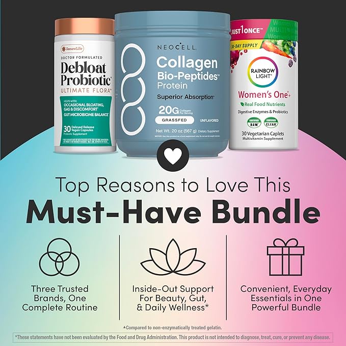 NeoCell Women’s Debloat Beauty &amp Balance Bundle | 3-in-1 Bundle Pack Collagen Bio-Peptides Protein | Debloat Probiotic | Women’s One + Multivitamin