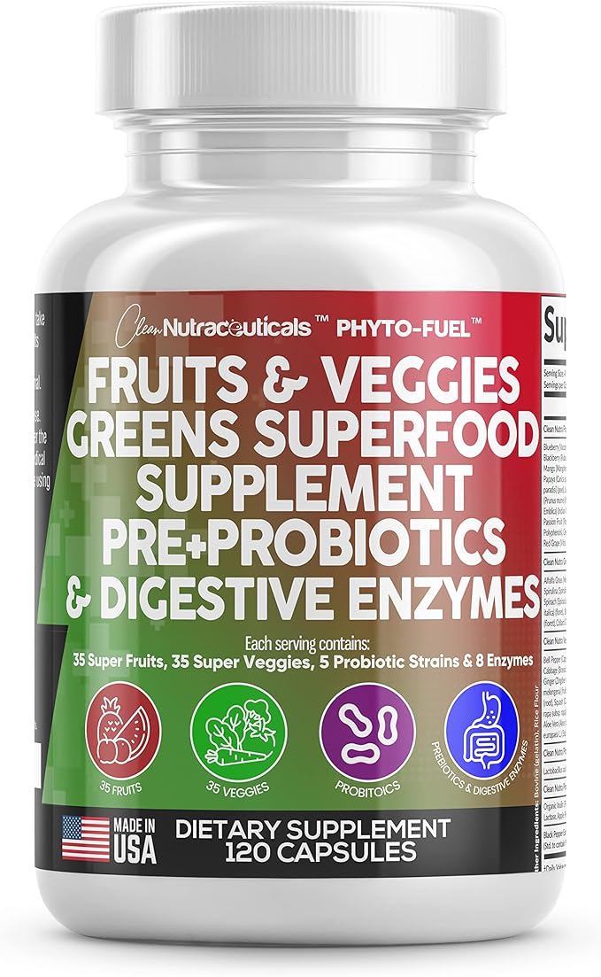 Clean Nutraceuticals Fruits and Veggies Supplement Reds &amp Green Superfood - Balance of Over 70 Fruit &amp Vegetable Supplements Capsules with Probiotics Prebiotics Digestive Enzymes - 120 Ct USA