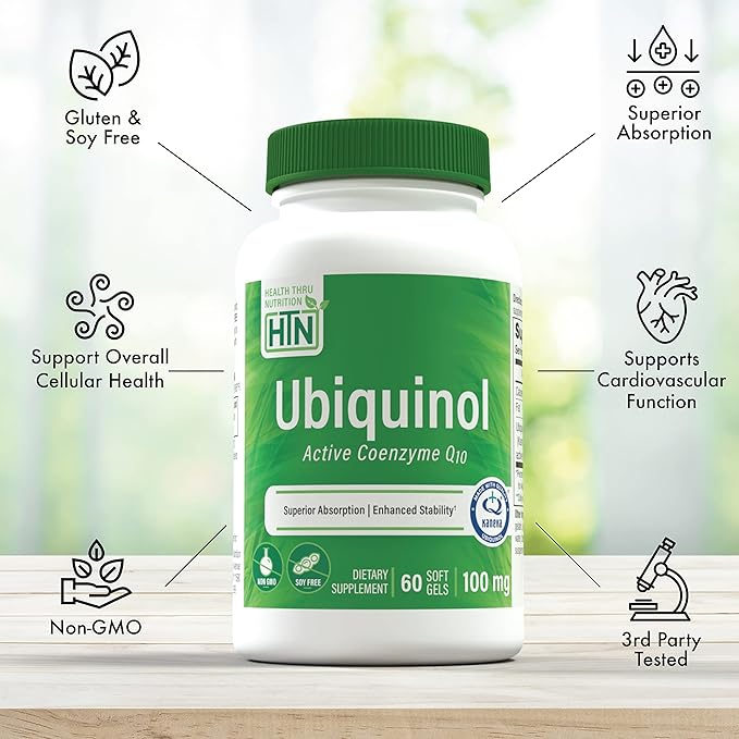 Health Thru Nutrition Ubiquinol 100mg 60 Softgels as Kaneka QH Reduced CoQ-10 | Stabilized - 3rd Party Tested | Enhanced Bioavailability | Cardiovascular &amp Mitochondria Function Support | Non-GMO