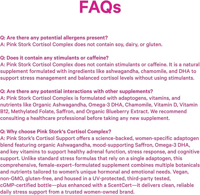 Pink Stork Cortisol Supplements for Women - Adaptogenic Adrenal Support &amp Stress Manager with Organic Ashwagandha Omega 3 Saffron Multivitamins - Mood &amp Hormone Balance - 60 Count