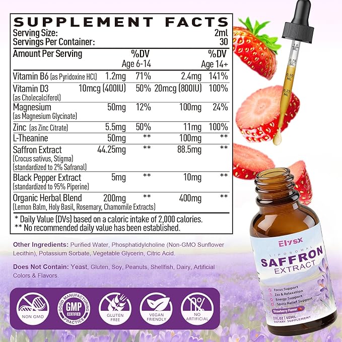 L-lysine Monolaurin Liquid Drops &amp Saffron Extract Liquid Drops for Kids and Adults Immune Support Lip &amp Skin Health Stress &amp Focus &amp Energy Support