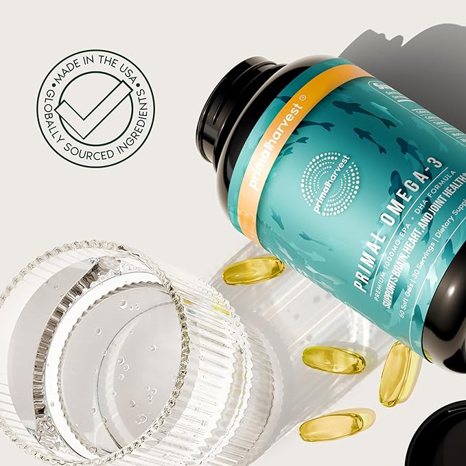 Primal Harvest Omega 3 Fish Oil Supplements 30 Servings Soft Gels Capsules w/ 1000mg EPA + DHA Supplements No Fishy Burps Non-GMO Omega 3 Fatty Acid 2 Pack