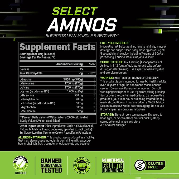 MusclePharm Select Amino's EAA + BCAAs Post Workout Essential Amino Acids Powder Pre Workout Energy Supplement for Men &amp Women with Branched Chain Amino Acids 30 Servings (Sour Candy)