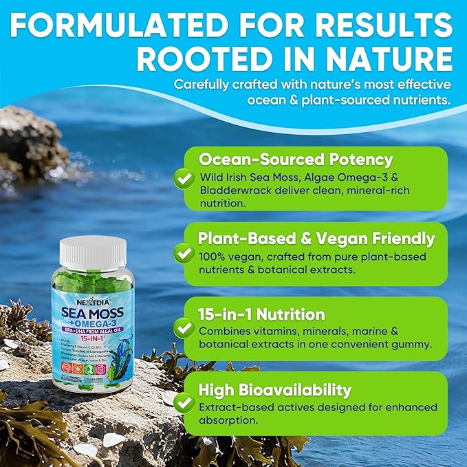 2 Pack Sea Moss Gummies for Men Women Vegan 15-IN-1 Irish Seamoss Superfood with/Bladderwrack &amp Burdock Root Turmeric Elderberry Vitamins B12 D3 EPA DHA Sugar-Free Support Energy Brain Im