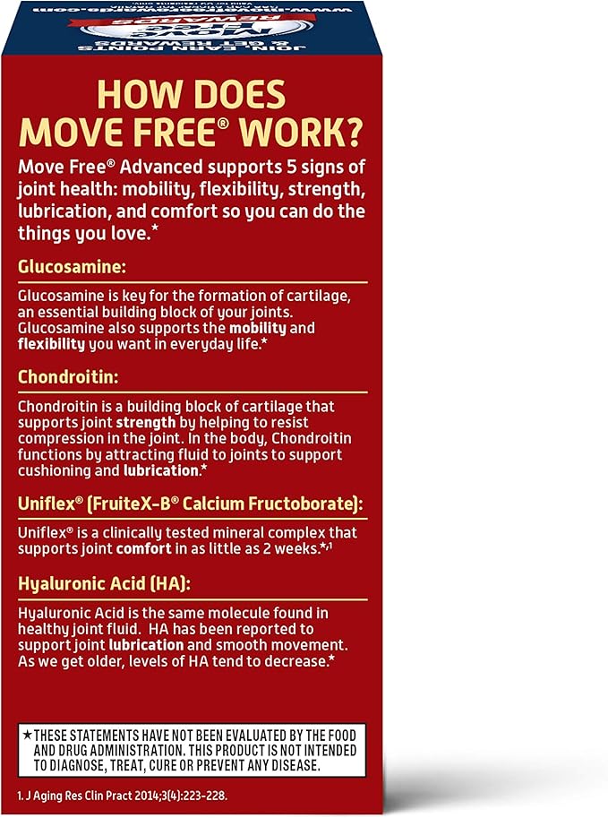 Move Free Advanced Glucosamine Chondroitin + Calcium Fructoborate Joint Support Supplement Supports Mobility Comfort Strength Flexibility &amp Bone - 80 Tablets (40 servings)*