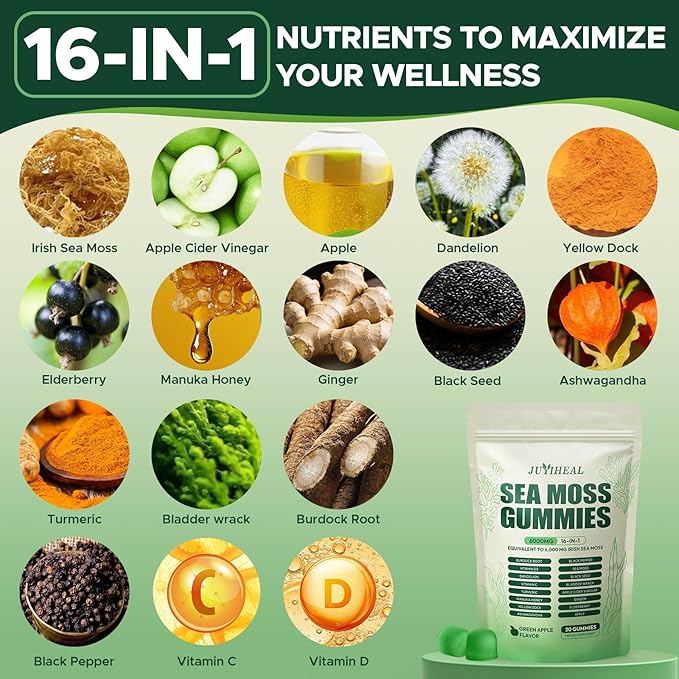 16 in 1 Sea Moss Gummies with Ashwagandha Black Seed Oil Bladder Wrack Turmeric Vitamin C &amp D3 with Manuka Burdock Root Irish Sea Moss Gummies for Women &amp Men Vegan Green Apple 2 Pack