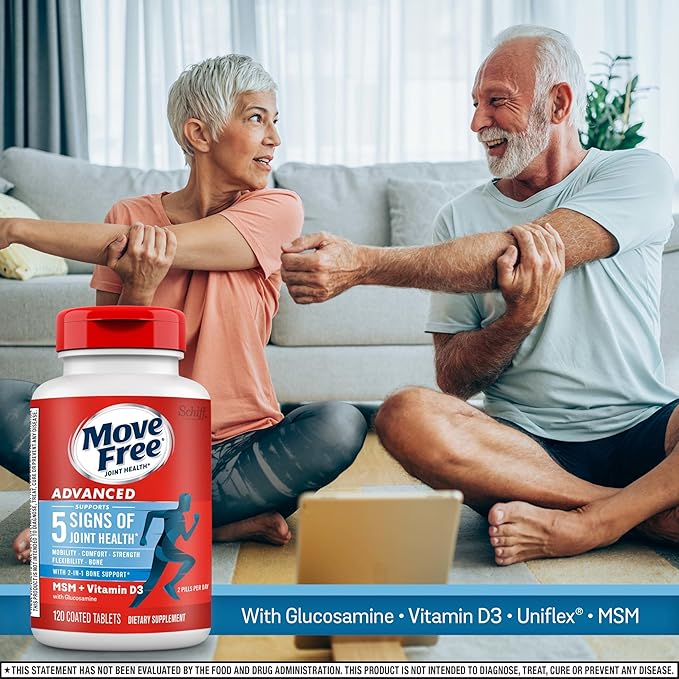 Move Free Advanced Glucosamine Chondroitin MSM + Vitamin D3 Joint Support Supplement Supports Mobility Comfort Strength Flexibility &amp Bone + Immune Health - Tablet 3x120ct Bottles (120 servings)