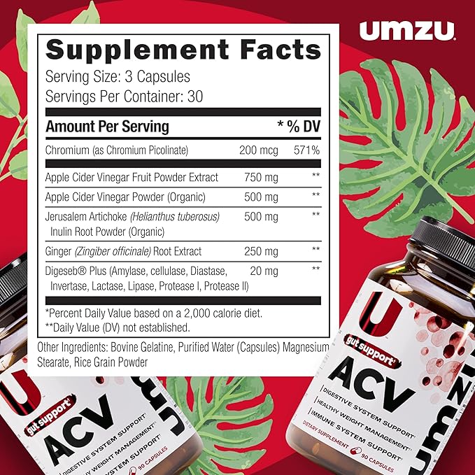 UMZU zuACV Apple Cider Vinegar + Prebiotics Supplement (30 Day Supply) – ACV &amp Inulin Fiber Blend – Gut Health Support with ACV Capsules for Daily Digestive Health &amp Wellness Balance Formula