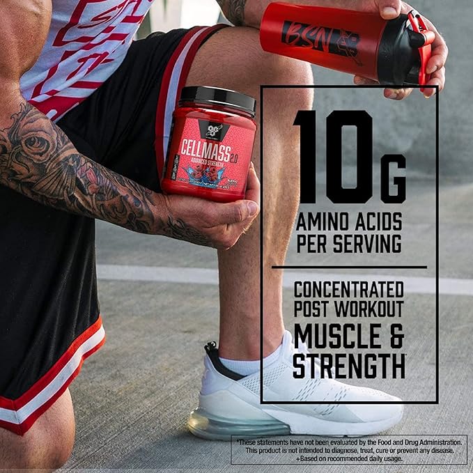 BSN CELLMASS 2.0 Post Workout Recovery with BCAA Creatine &amp Glutamine - Keto Friendly - Blue Raz (25 Servings)