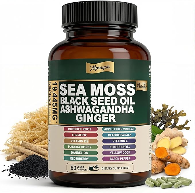 Sea Moss Black Seed Oil Ashwagandha Capsules - 10:1 Extract Blend 60ct