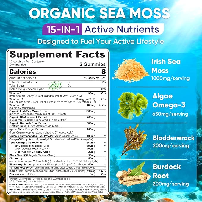 2 Pack Sea Moss Gummies for Men Women Vegan 15-IN-1 Irish Seamoss Superfood with/Bladderwrack &amp Burdock Root Turmeric Elderberry Vitamins B12 D3 EPA DHA Sugar-Free Support Energy Brain Im