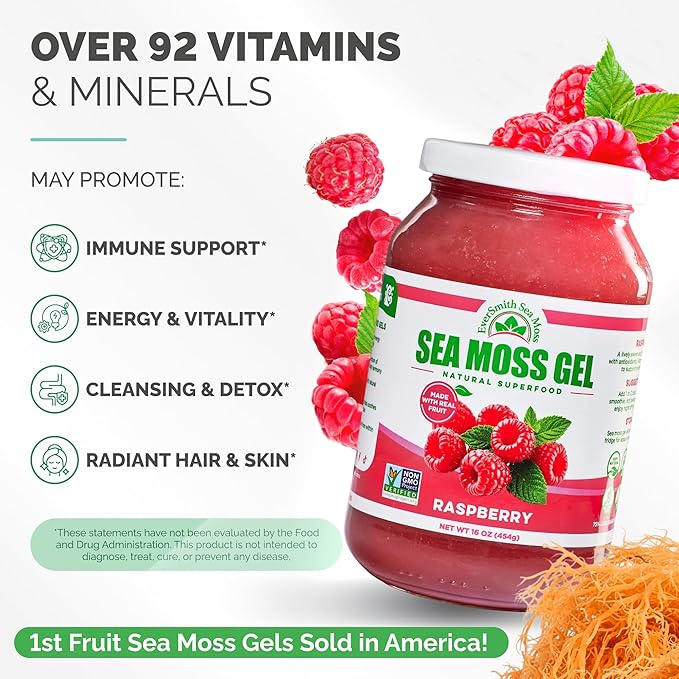 Wildcrafted Irish Sea Moss Gel | Made in USA | Rich in Vitamins &amp Minerals | Sea Moss Gel Raw | Nutritional Supplement | Raspberry (16 oz)