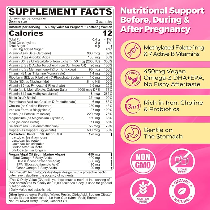 Prenatal Multivitamin Gummy for Women w/Methylfolate 1mg Iron Choline Omega-3(DHA+EPA) Prenatal Vitamins for Women Gummies Postnatal Vitamins | BeforeDuring &amp After Pregnancy Sugar Free120Ct