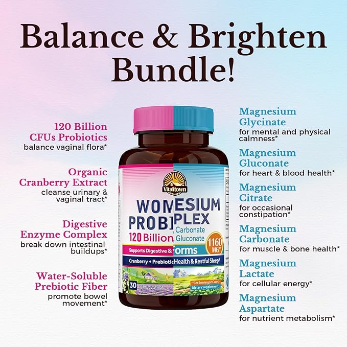 Vitalitown Probiotic + Magnesium Bundle (Pack of 2) | Women's Probiotics (Item 1) &amp Magnesium Complex (Item 2) | 30 Probiotic Capsules &amp 120 Magnesium Capsules