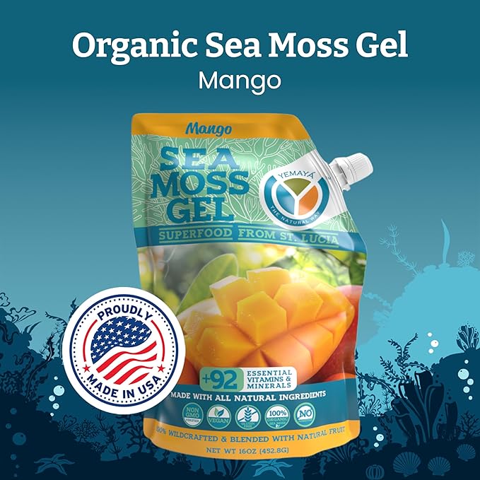 Yemayá Organic Sea Moss Gel Mango | Wildcrafted Seamoss Gel Enhanced with Real Fruit Energy Digestion Hair Skin &amp Nails | Mango Flavor 16 oz